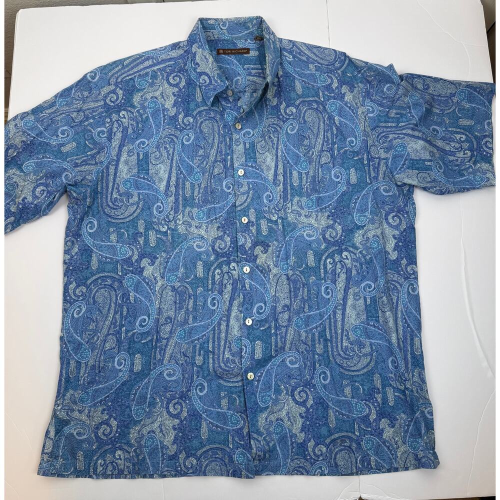 Tori Richard Blue Paisley Hawaiian Shirt Cotton Lawn Large Resort